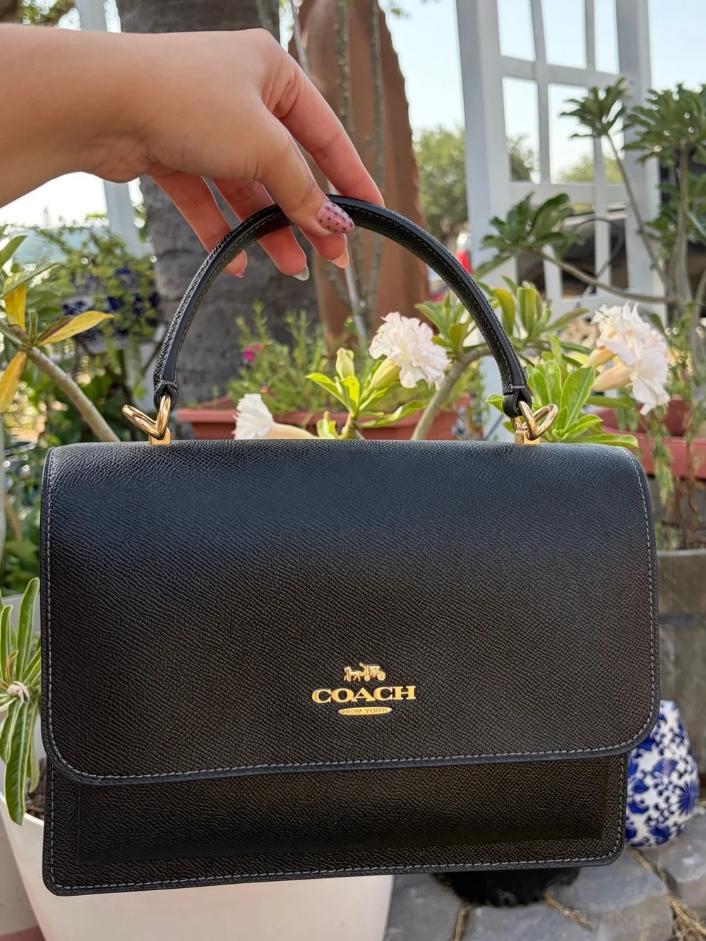 COACH Black Leather Top-Handle Satchel with Gold Hardware